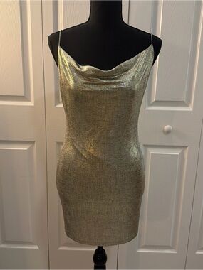 Alice + Olivia Metallic Gold Cowl Slip Mini Dress